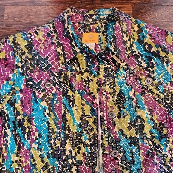 Unique Ruby Rd. Shiny Colorful Geometric Pattern Button Down Jacket - Picture 5 of 8